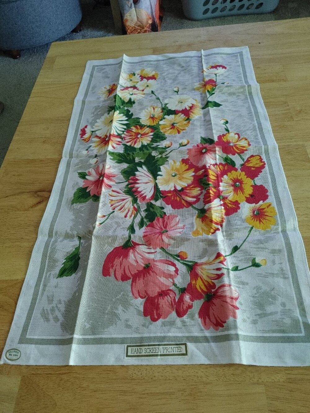 Vintage Hand Screen Printed All Linen Tea Towel/Small Runner Brand New